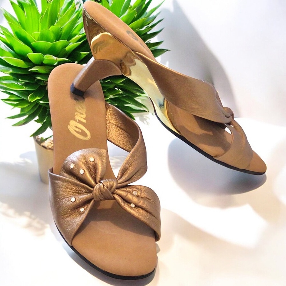 ONEX Slip On Sandal(8)BronzeW/RHINESTONES MadeIn ItalyGOLD METAL HEEL NEW! 50.00